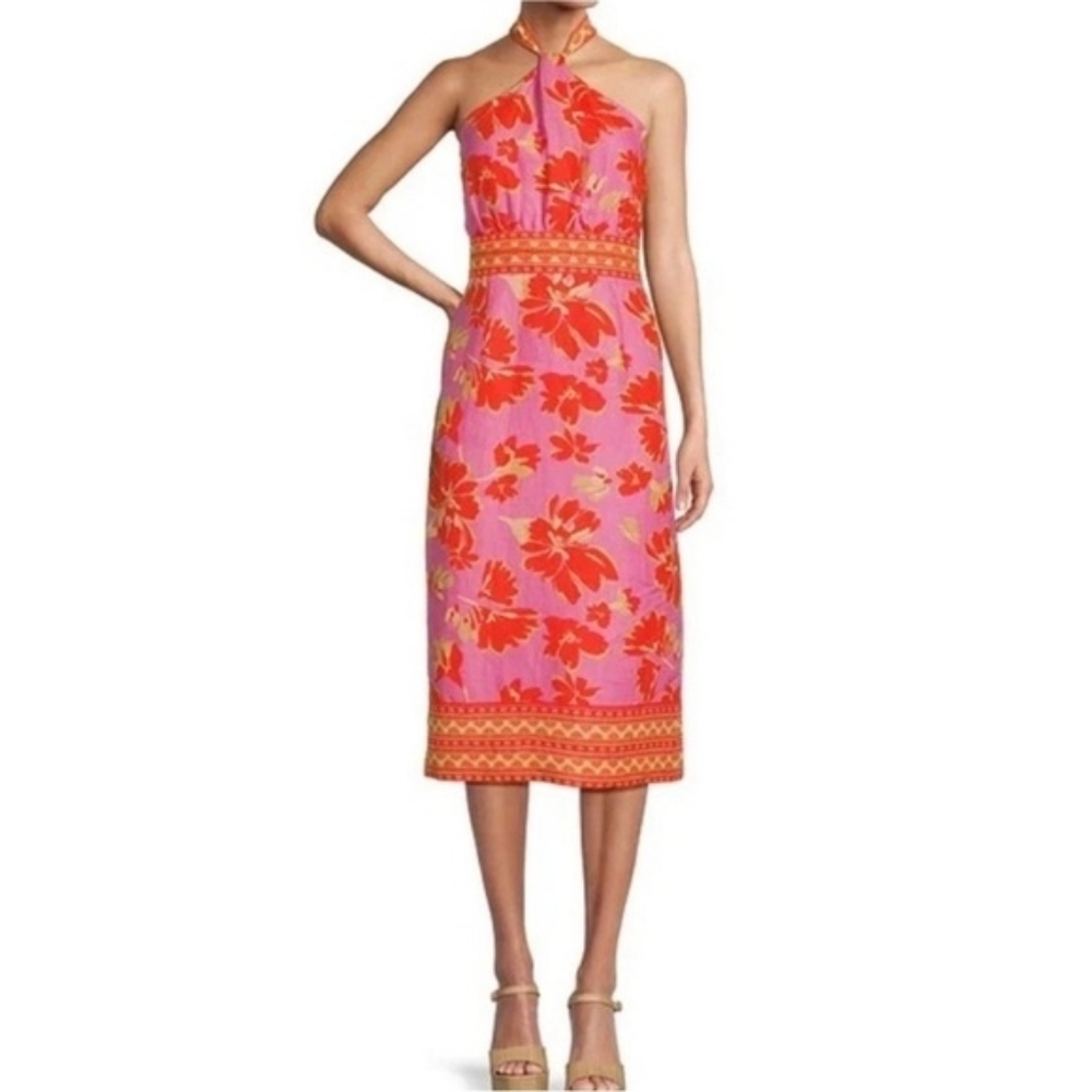 ANTONIO MELANI Pink and Orange Linen Halter Dress, Size 0, Excellent Condition